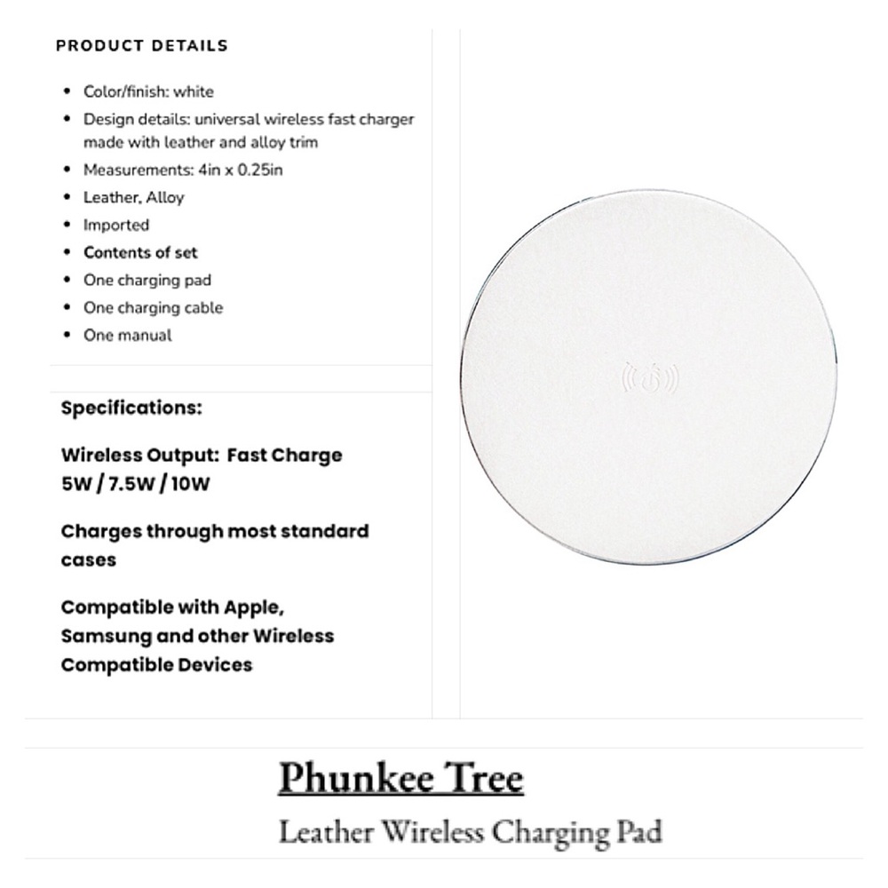 NORDSTROM PHUNKEETREE Wireless White Leather Charging Pad Cable QI Technology - Picture 11 of 12